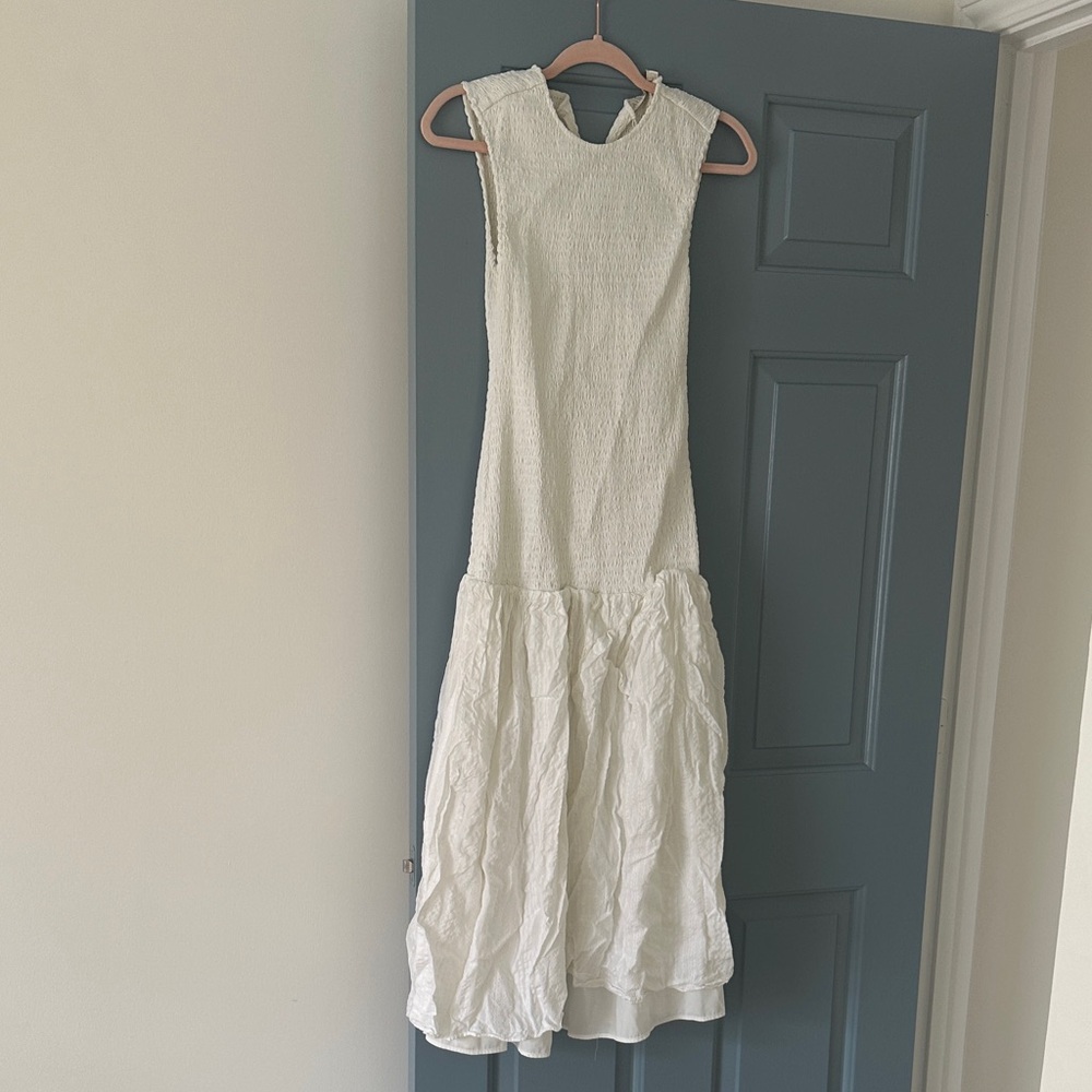Marie Oliver - Smocked Smocking Midi Elegant White Sleeveless Dress